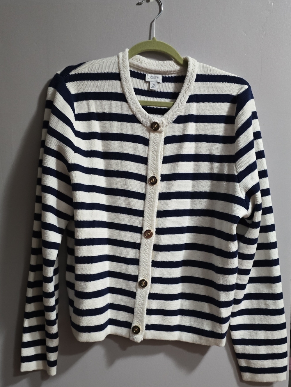 J. Crew Navy and White Striped Button-Front Cardigan with Gold Buttons